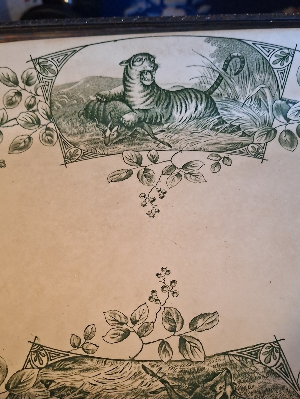 Antique 1880s Staffordshire Green Transfer TIGER Platter